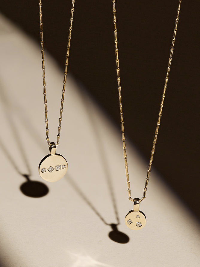 9ct solid yellow gold and 18ct solid yellow gold diamond disc pendant necklace, ethical and sustainable jewellery, handmade in the UK