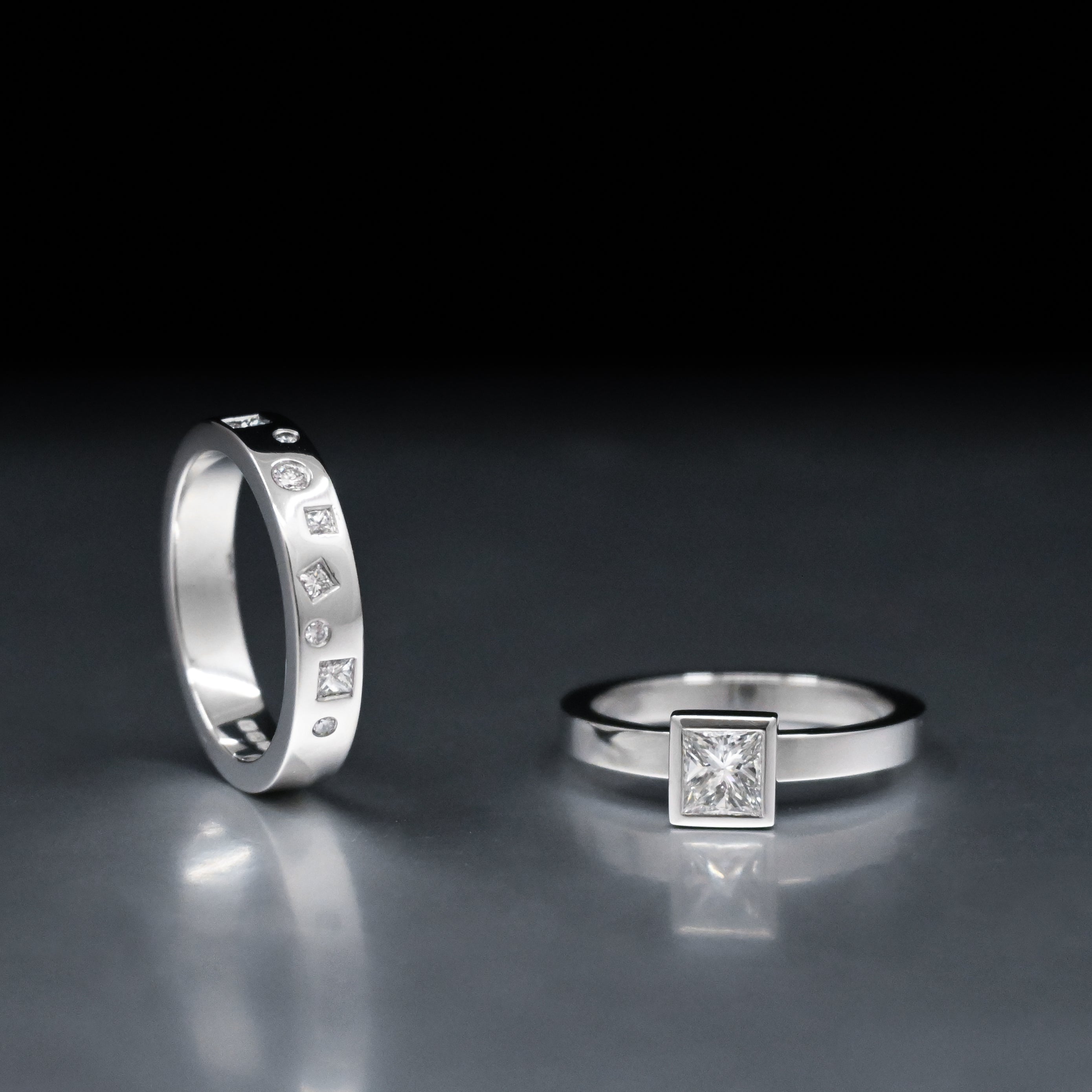 Flush set diamond platinum wedding band, princess cut diamond platinum engagement ring, bespoke wedding bands and engagement rings, bespoke jewellery designer based in Tarporley Cheshire