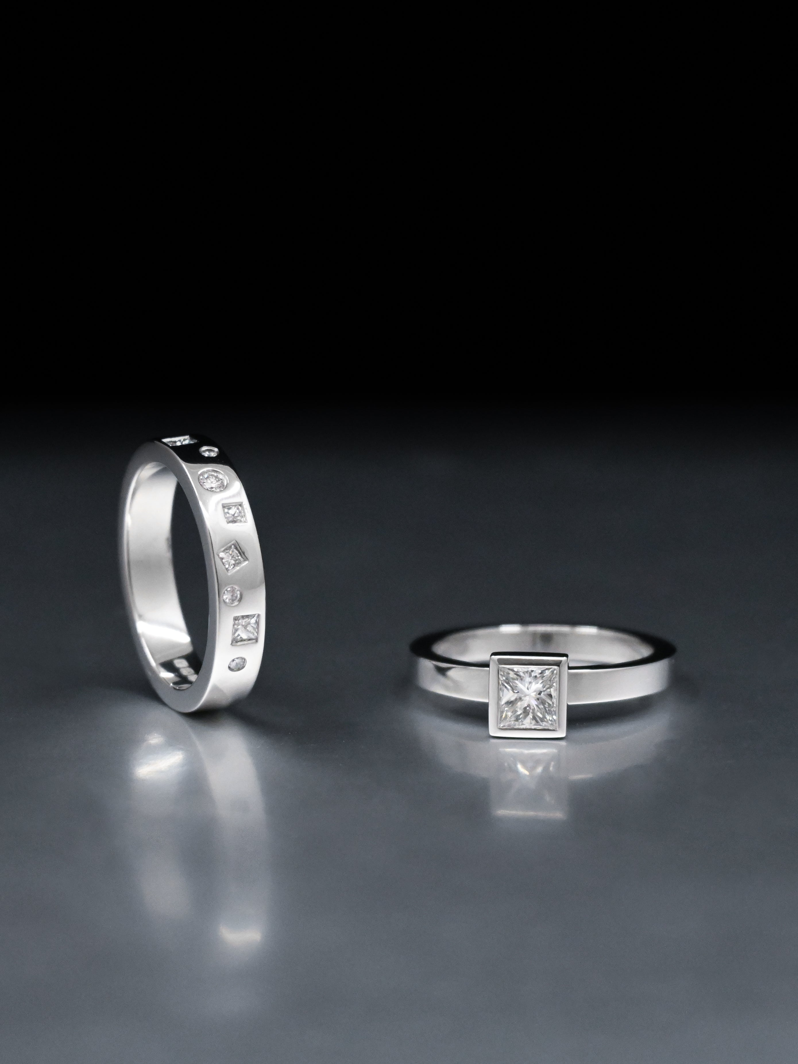 Flush set diamond platinum wedding band, princess cut diamond platinum engagement ring, bespoke wedding bands and engagement rings, bespoke jewellery designer based in Tarporley Cheshire