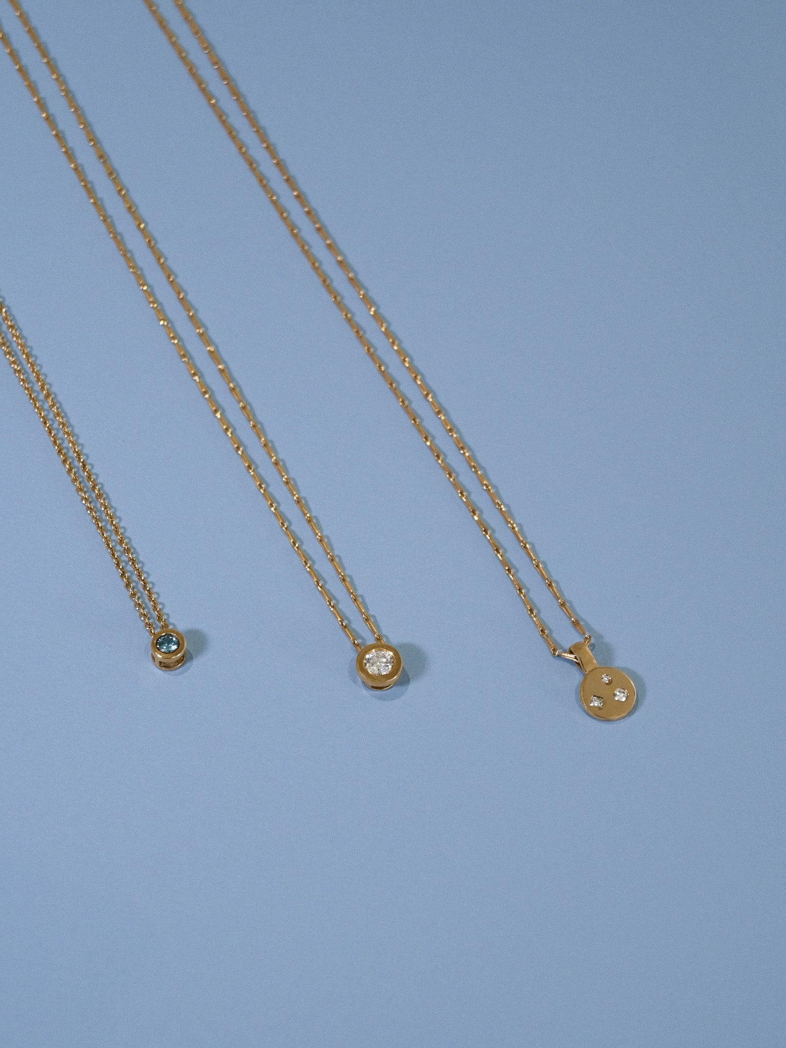 Solid Gold diamond pendant necklaces, Solid gold disc necklace, solid gold sapphire necklace