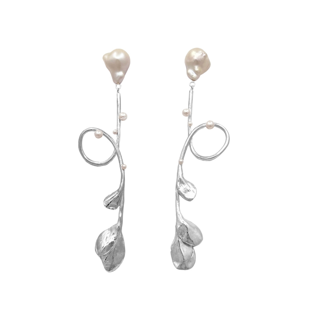 100% recycled silver pearl drop statement earrings, bridal jewellery, handmade in the UK