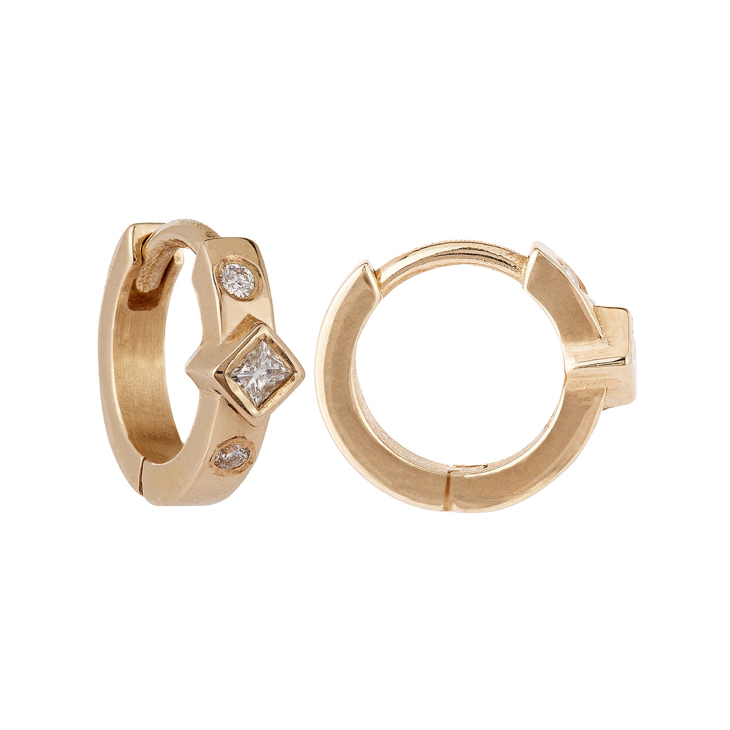 9ct solid yellow gold and 18ct solid yellow gold diamond huggie hoop earrings, ethical and sustainable jewellery, handmade in the UK
