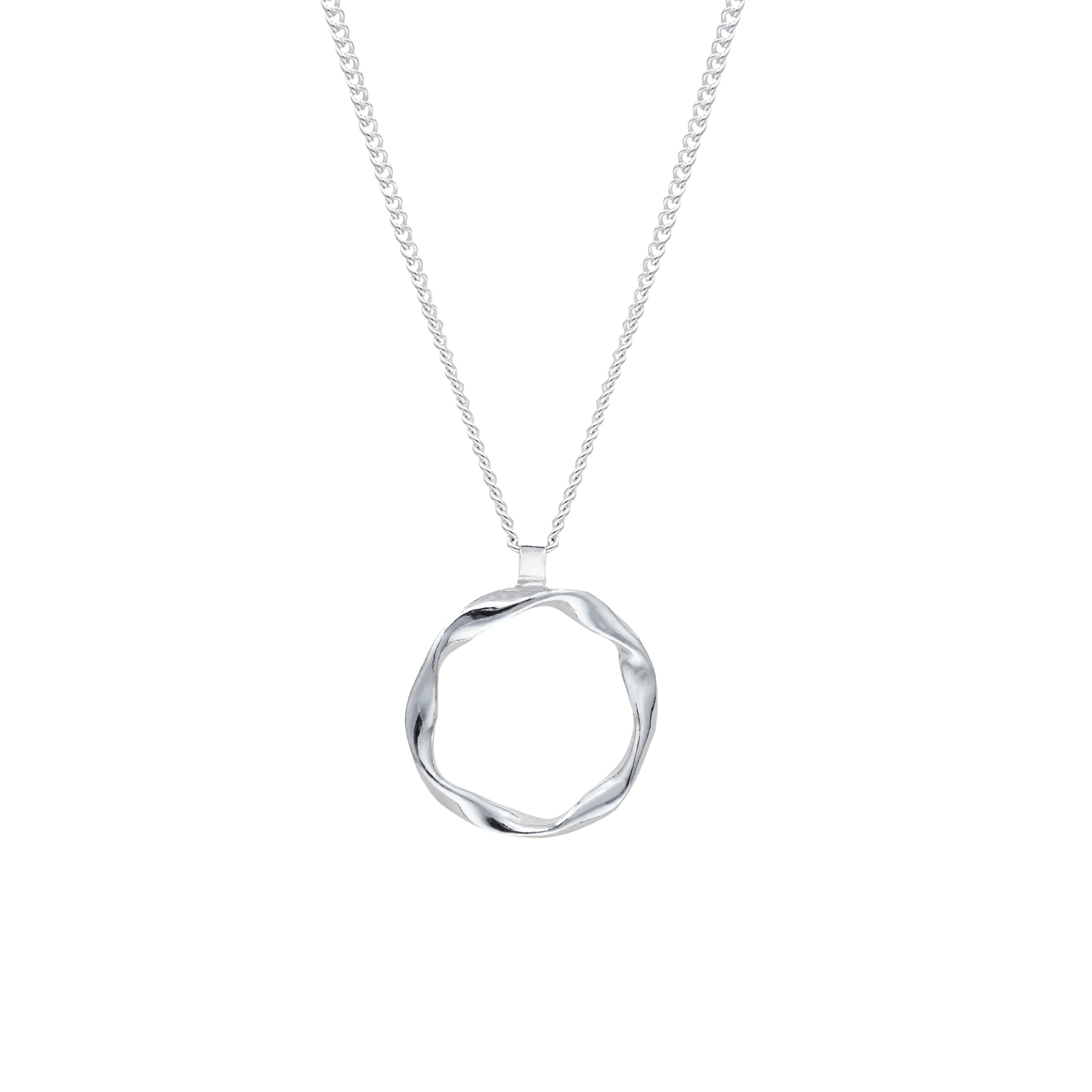 A silver pendant necklace with a twisted circle design on an 18 inch curb chain, presented against a white background.