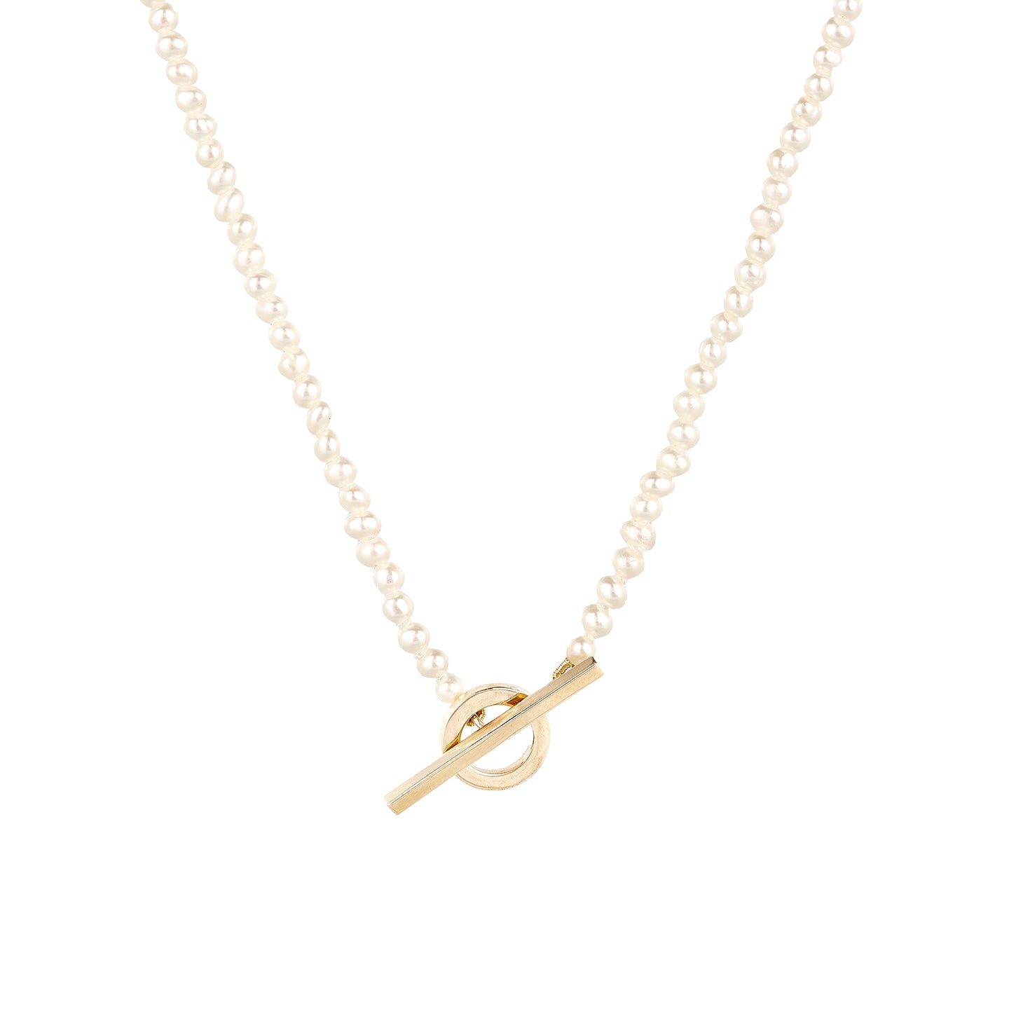 9ct solid yellow gold and 18ct solid yellow t-bar pearl necklace, ethical and sustainable jewellery, handmade in the UK