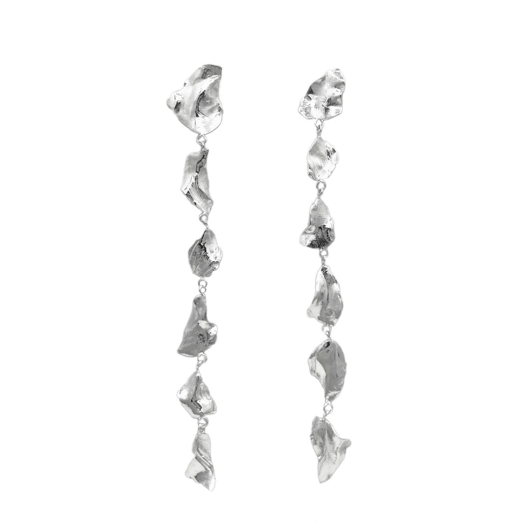 100% recycled silver petal drop statement earrings, bridal jewellery, handmade in the UK