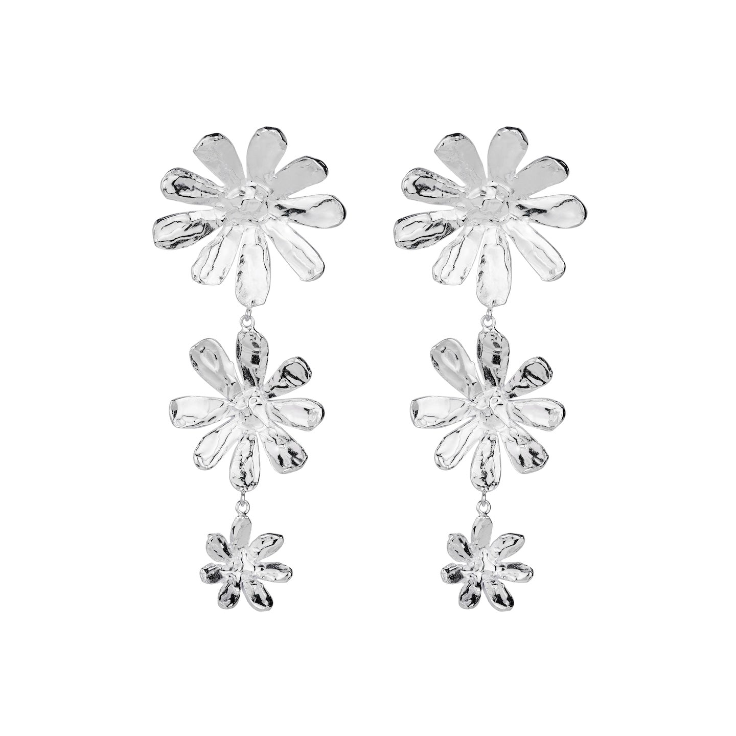 100% recycled silver floral daisy drop earrings, ethical and sustainable jewellery, handmade in the UK