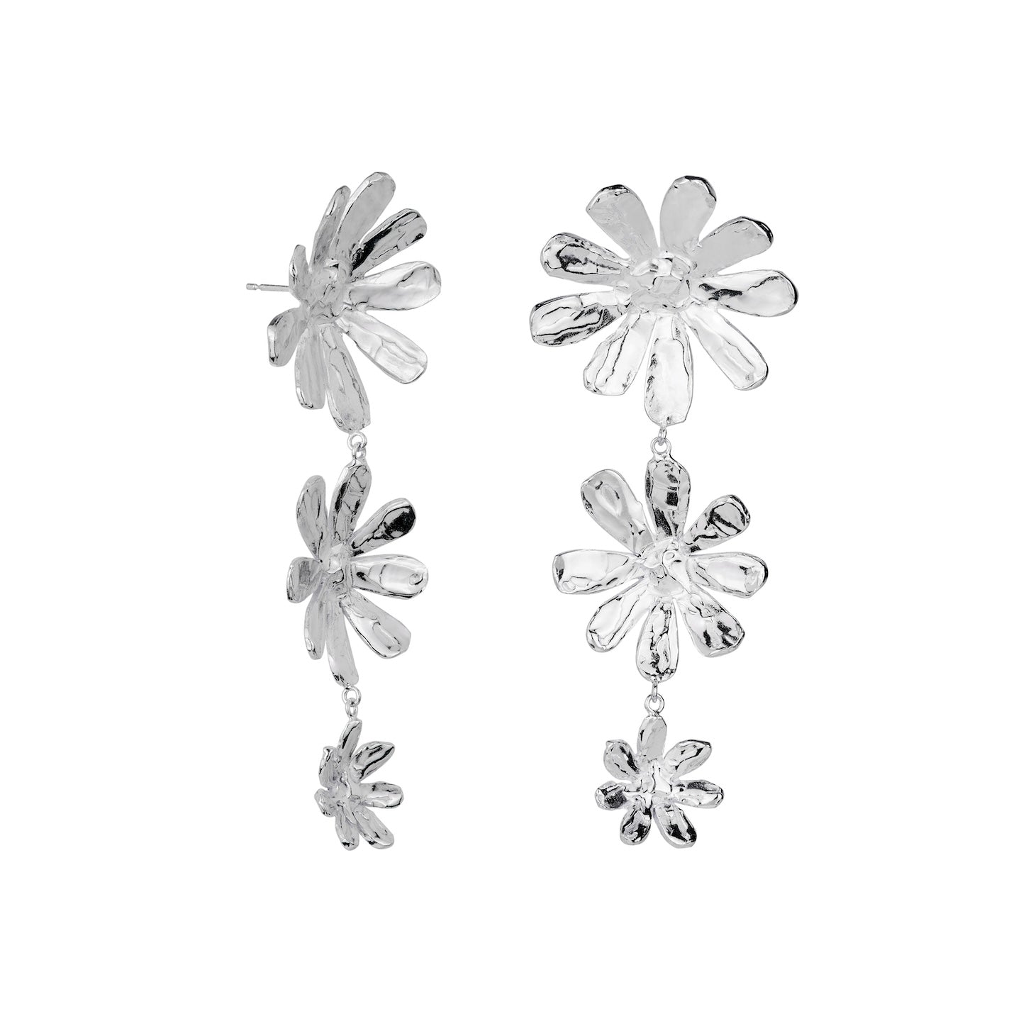 100% recycled silver floral daisy drop earrings, ethical and sustainable jewellery, handmade in the UK