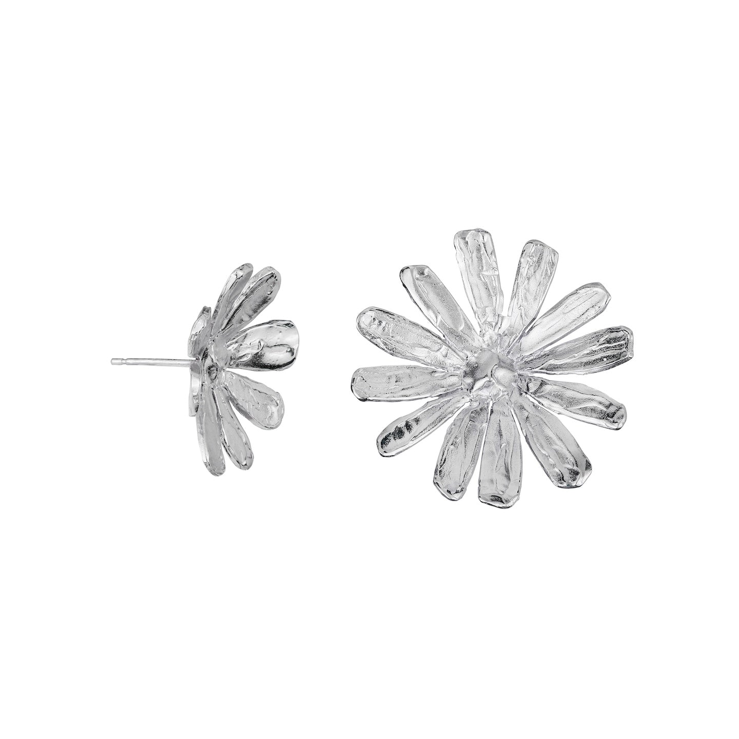 100% recycled silver floral daisy stud earrings, ethical and sustainable jewellery, handmade in the UK