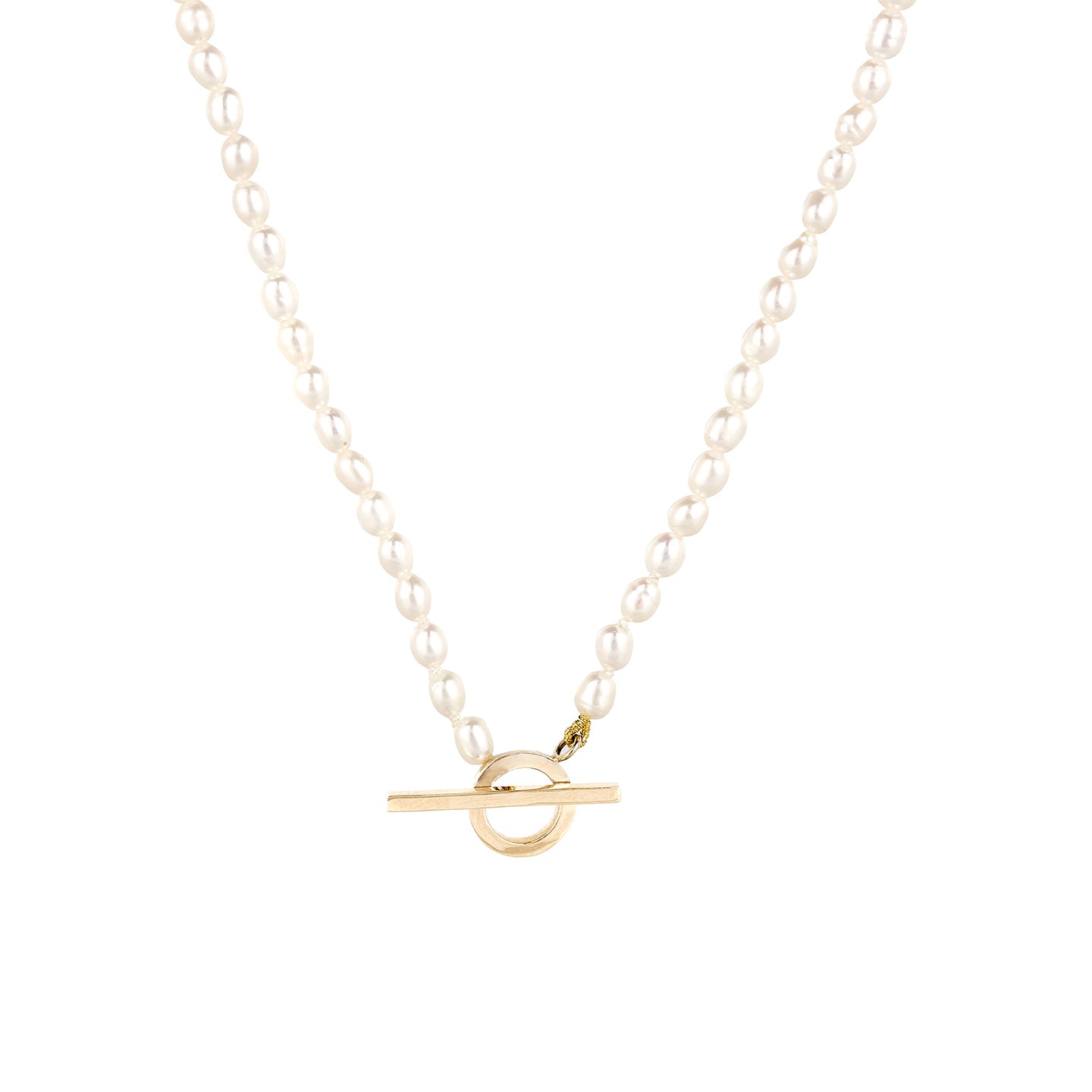 9ct solid yellow gold and 18ct solid yellow t-bar pearl necklace, ethical and sustainable jewellery, handmade in the UK