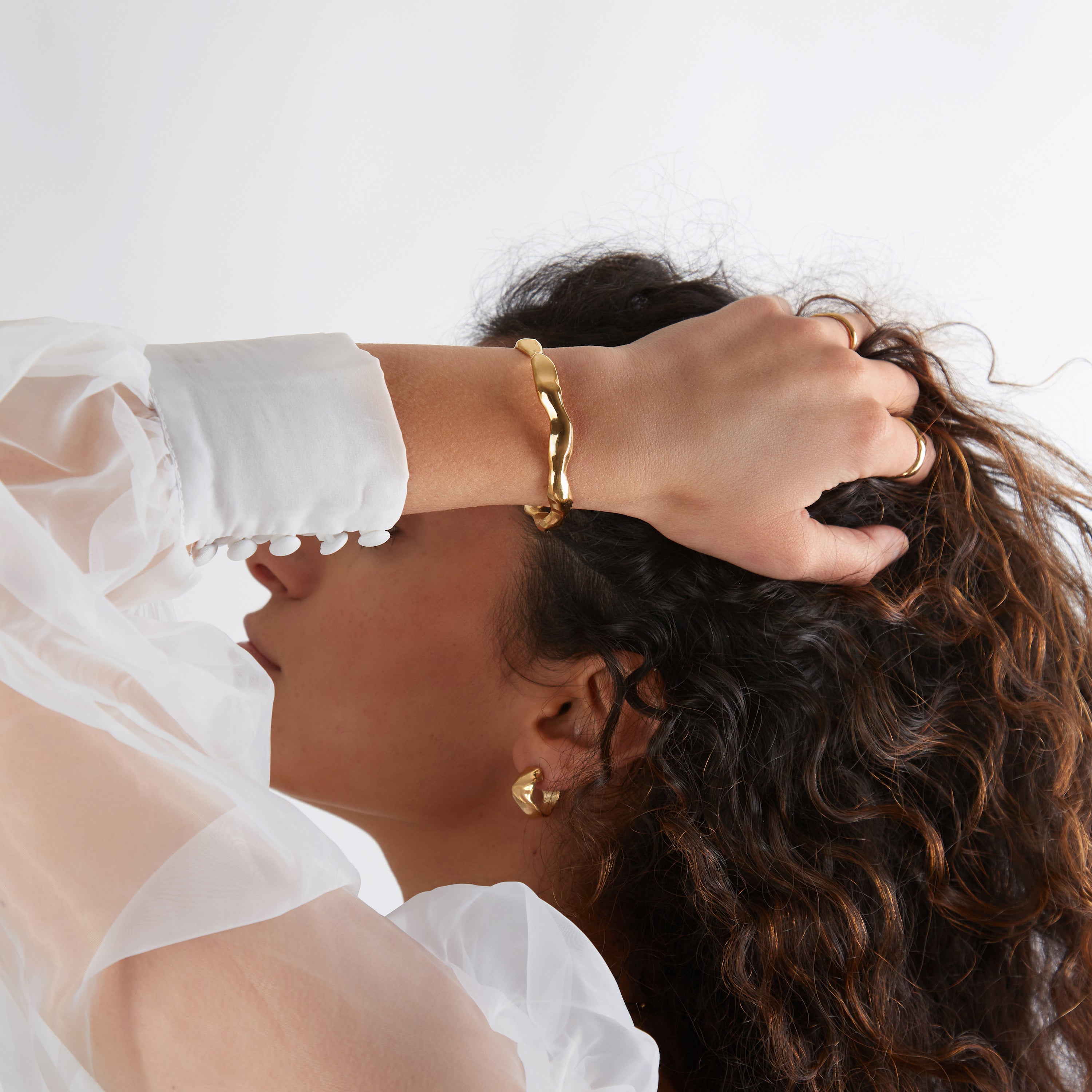 18ct gold vermeil plate cuff bangle and hoop earrings, ethical jewellery handmade in the UK