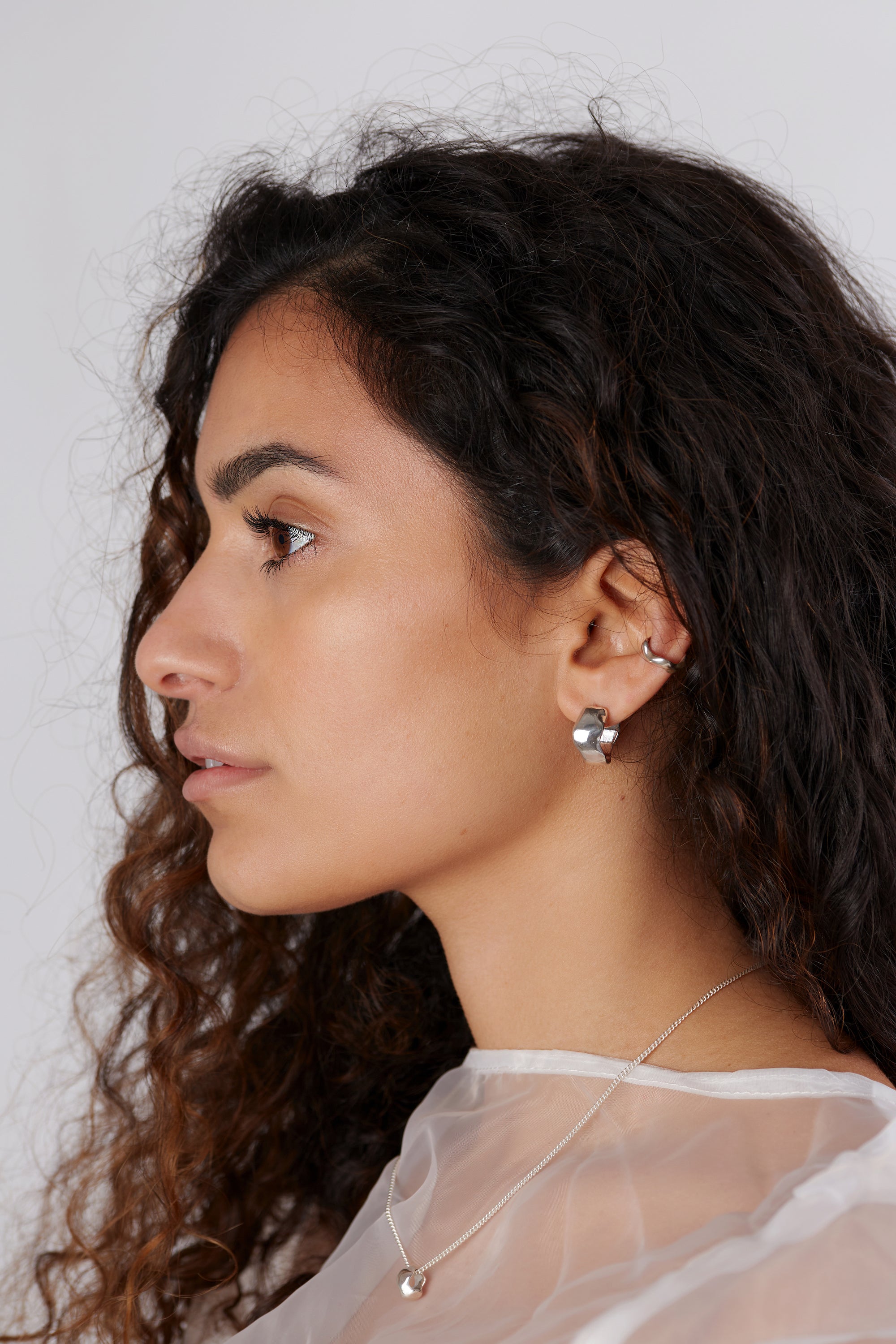 Matching jewellery set, recycled silver necklace, recycled silver hoop earrings and recycled silver ear cuff. Ethical jewellery handmade in the UK