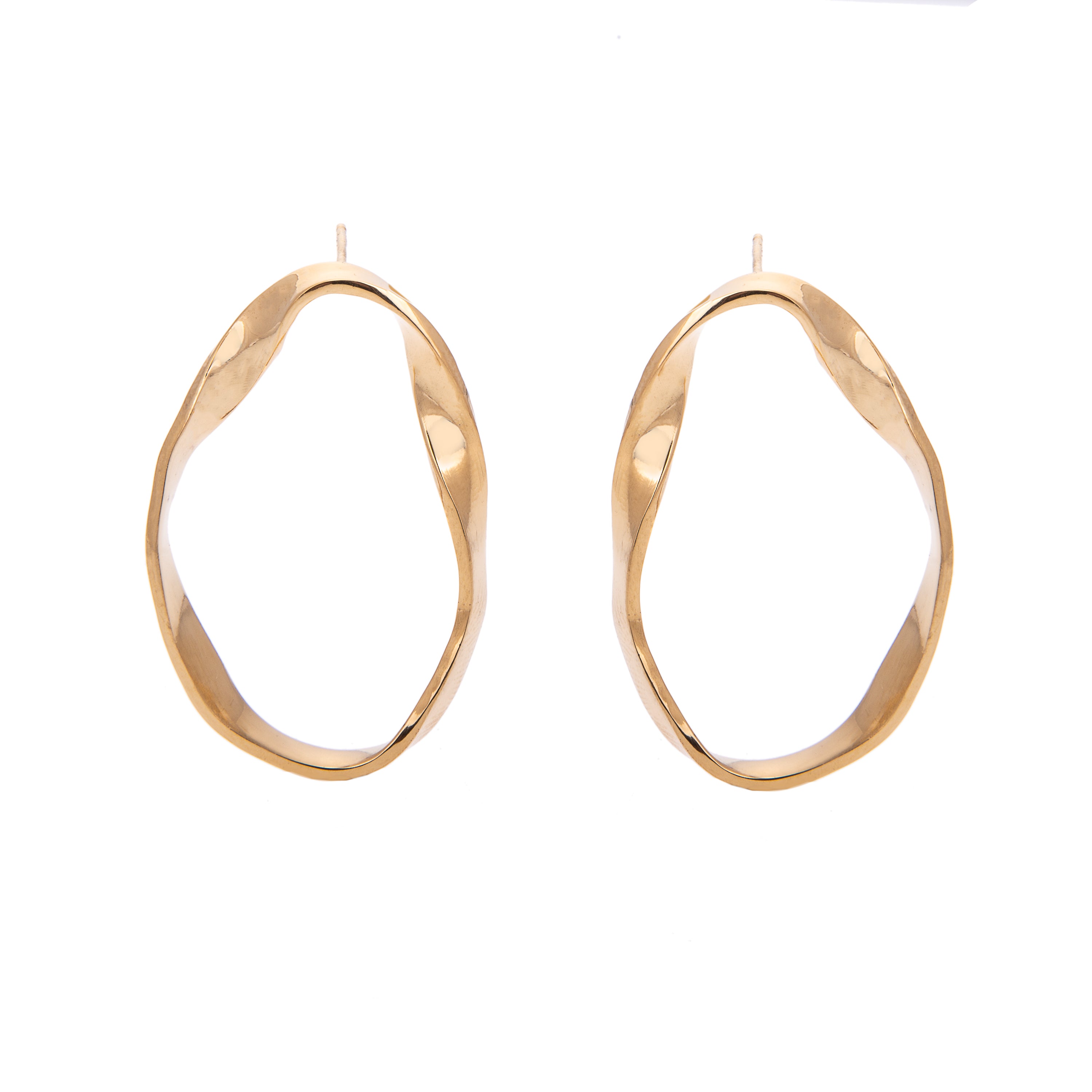 18ct gold vermeil plated twisted front facing large contour stud earrings, ethical jewellery handmade in the UK