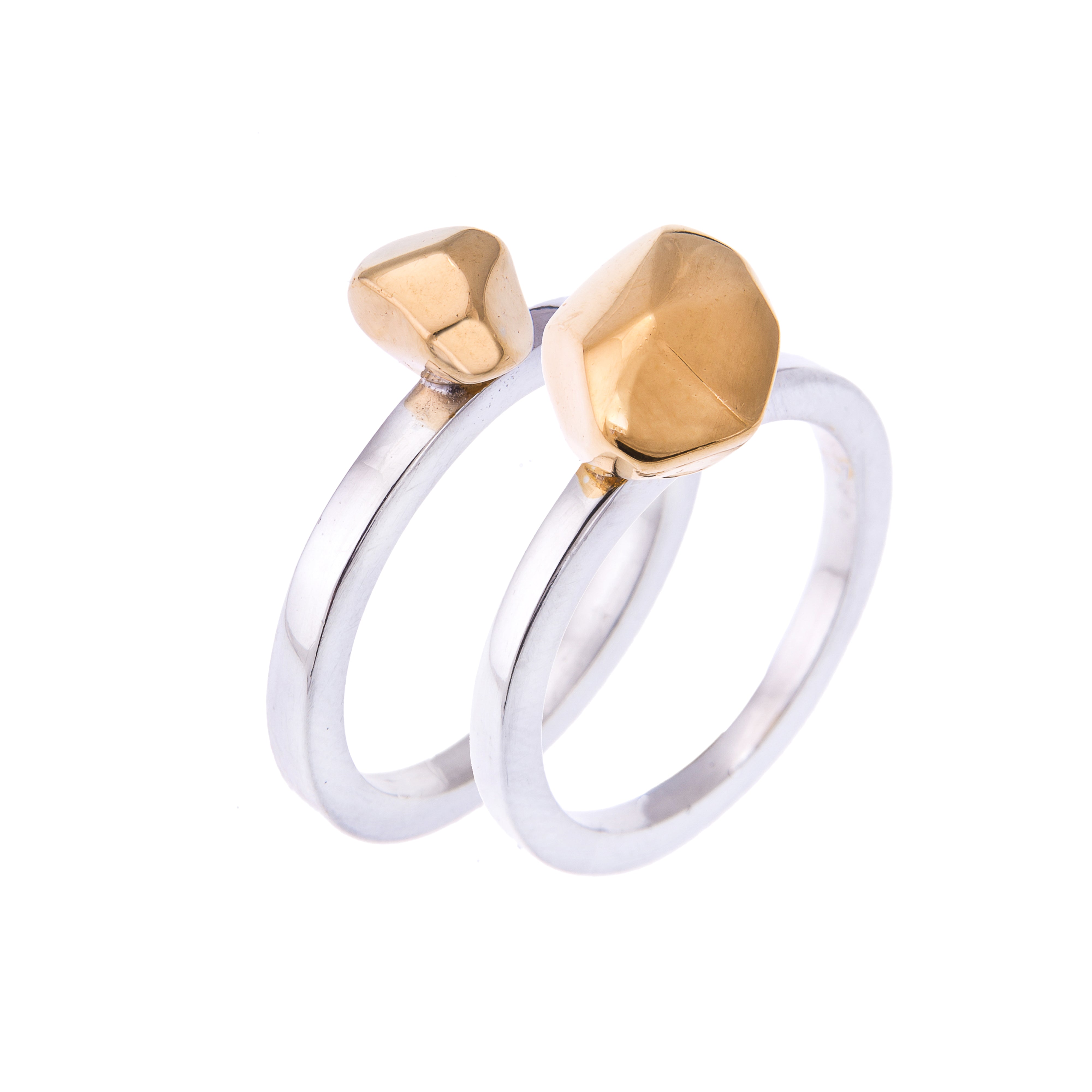 Silver and 18ct gold vermeil stacking rings with faceted feature, ethical jewellery, handmade in the UK