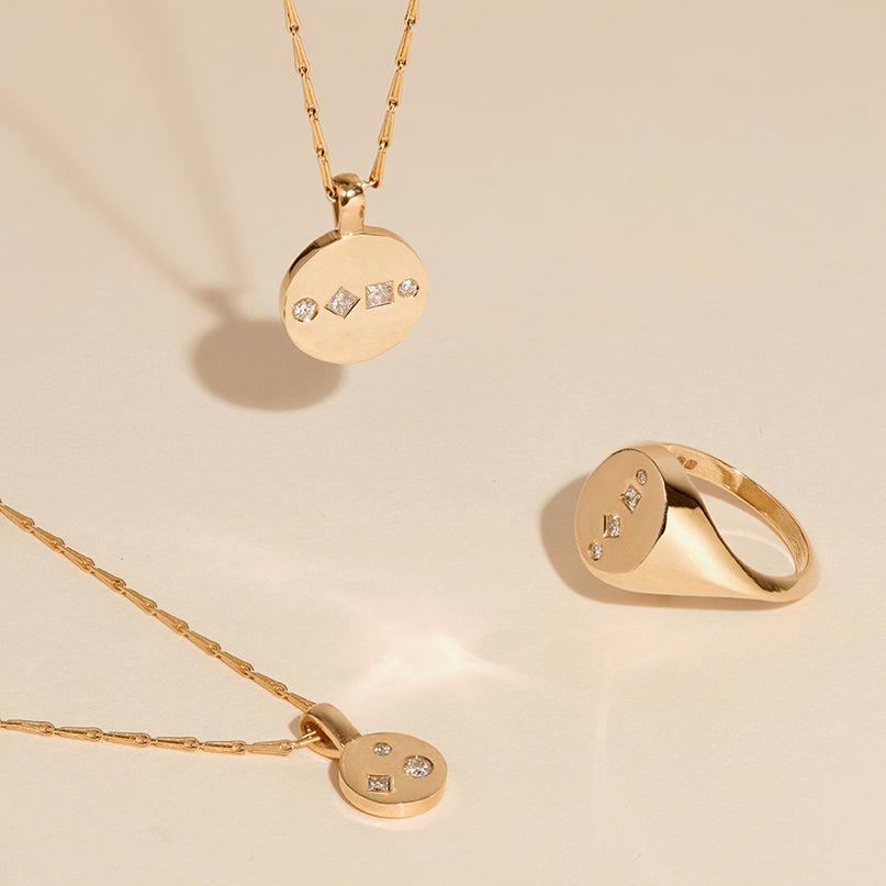9ct solid yellow gold and 18ct solid yellow gold diamond disc pendant necklaces