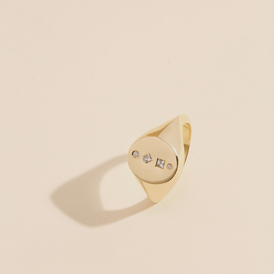 9ct solid yellow gold and 18ct solid yellow gold women's diamond signet ring, ethical and sustainable jewellery, handmade in the UK, above view