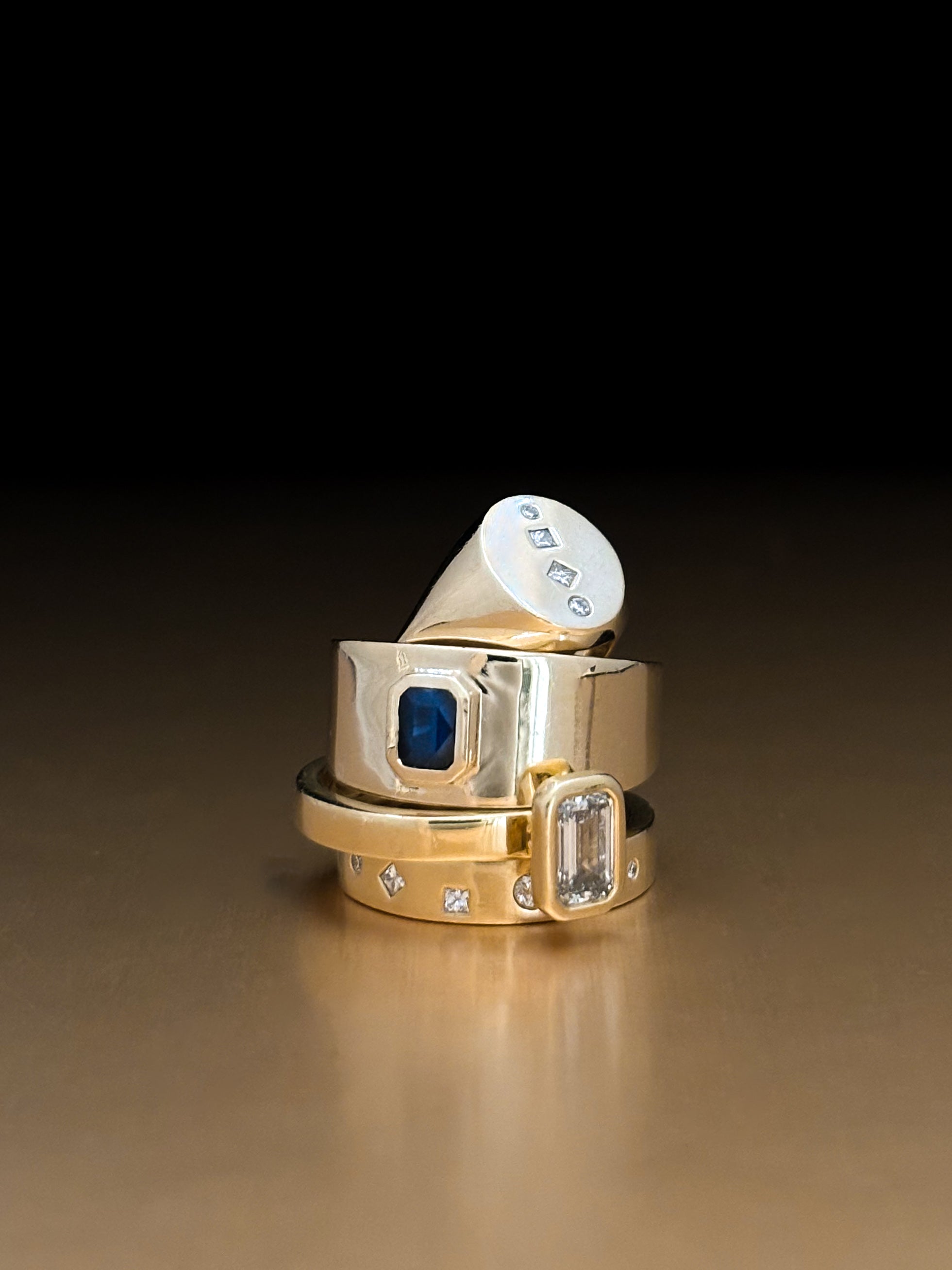 Solid Gold Stacking Rings, Solid Gold Emerald Cut Sapphire Solitaire Shield Ring, Diamond Solitaire Engagement Ring, Signet Ring, Diamond Wedding Band Flush Set