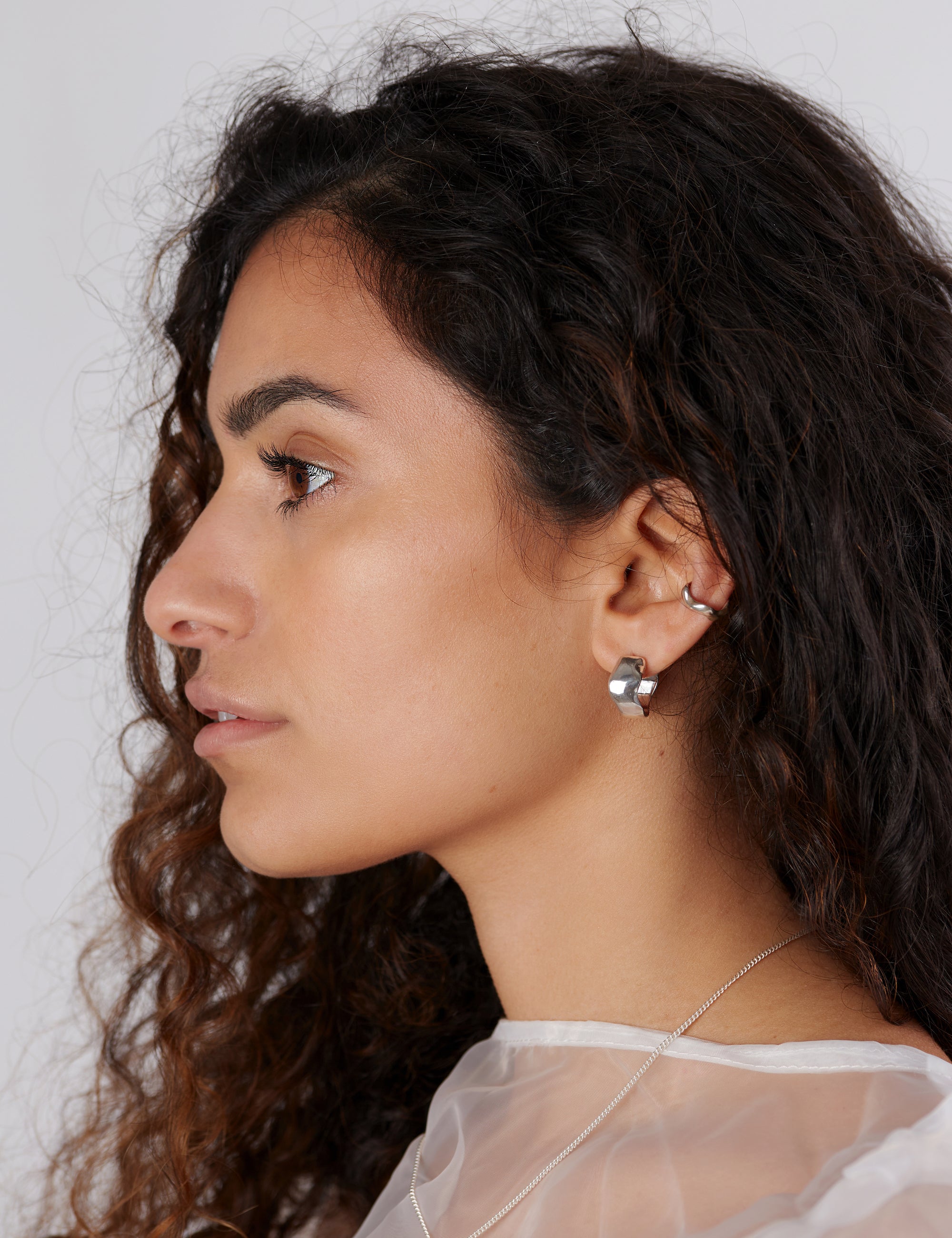 Matching jewellery set, recycled silver necklace, recycled silver hoop earrings and recycled silver ear cuff. Ethical jewellery handmade in the UK